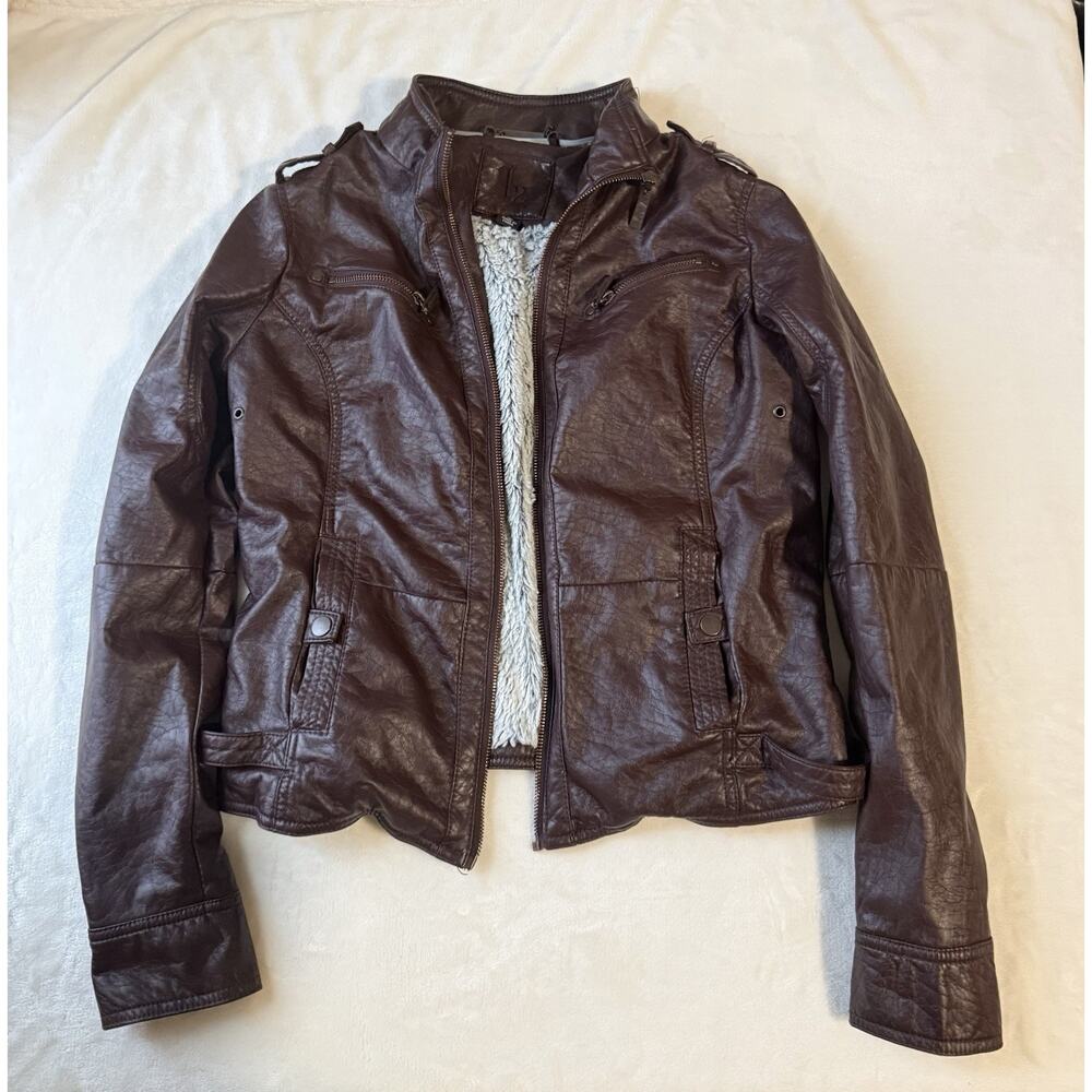 J2 Faux Leather Zip Jacket Brown Short Lined Long Sleeve Women's S